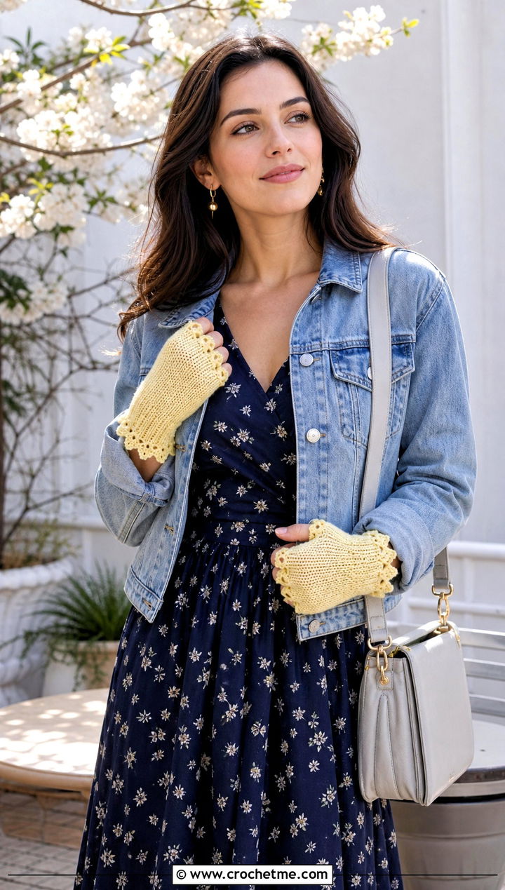 Picot Edge Fingerless Gloves With Tea Dress And Cropped Jacket - 30 crocheted fingerless gloves outfit ideas