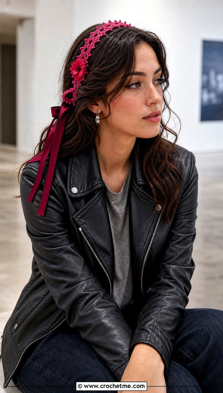Picot Edge Flower Ribbon Crochet Headband With Leather Jacket - 15 crochet headband with flower and ribbon outfit ideas