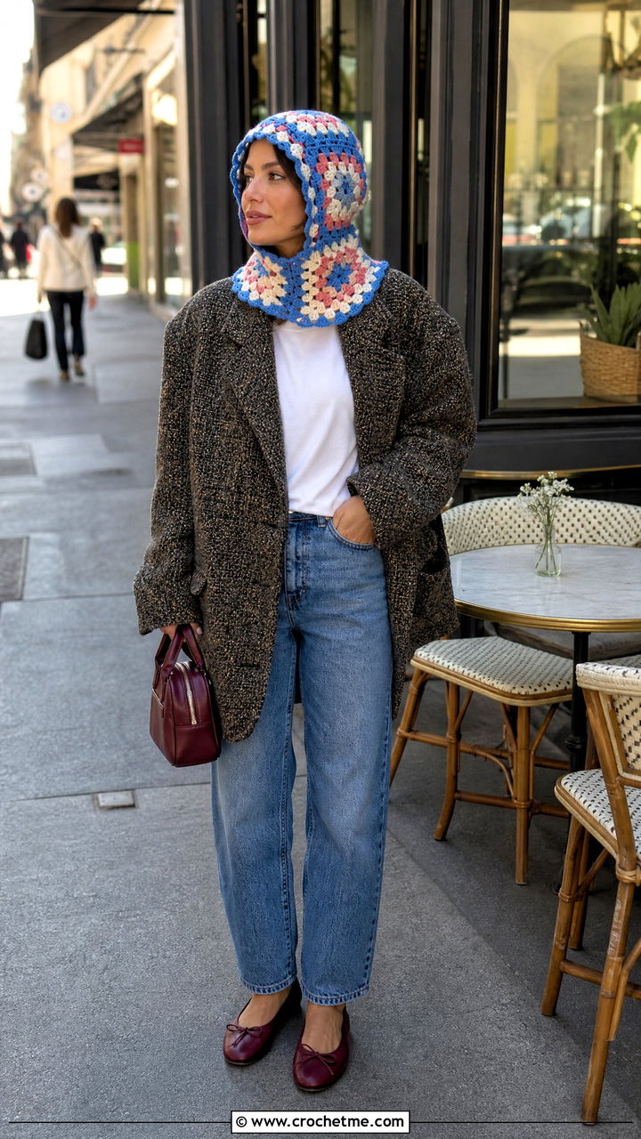 Picot Edge Granny Square Balaclava With Tweed Jacket - 35 granny square balaclava outfit ideas