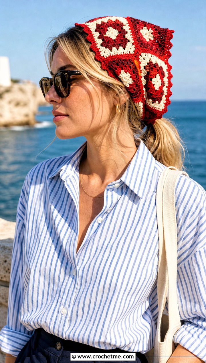Picot Edge Granny Square Hair Scarf With Striped Shirt And Shorts - 25 granny square hair scarf outfit ideas