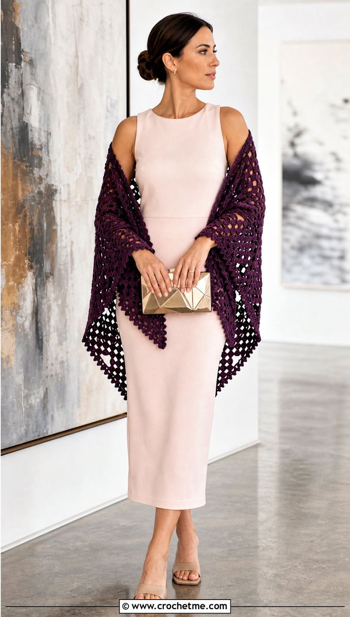 Picot Edge Granny Square Triangle Shawl With Column Dress - 30 granny square triangle shawl outfit ideas