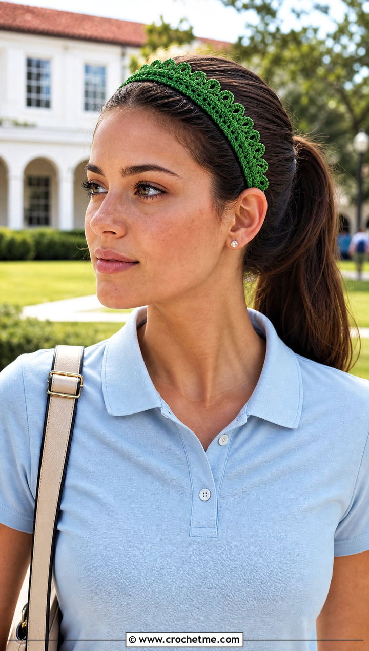 Picot Edge Green Crochet Headband With Polo Shirt And Pleated Skirt - 30 green crochet headband outfit ideas