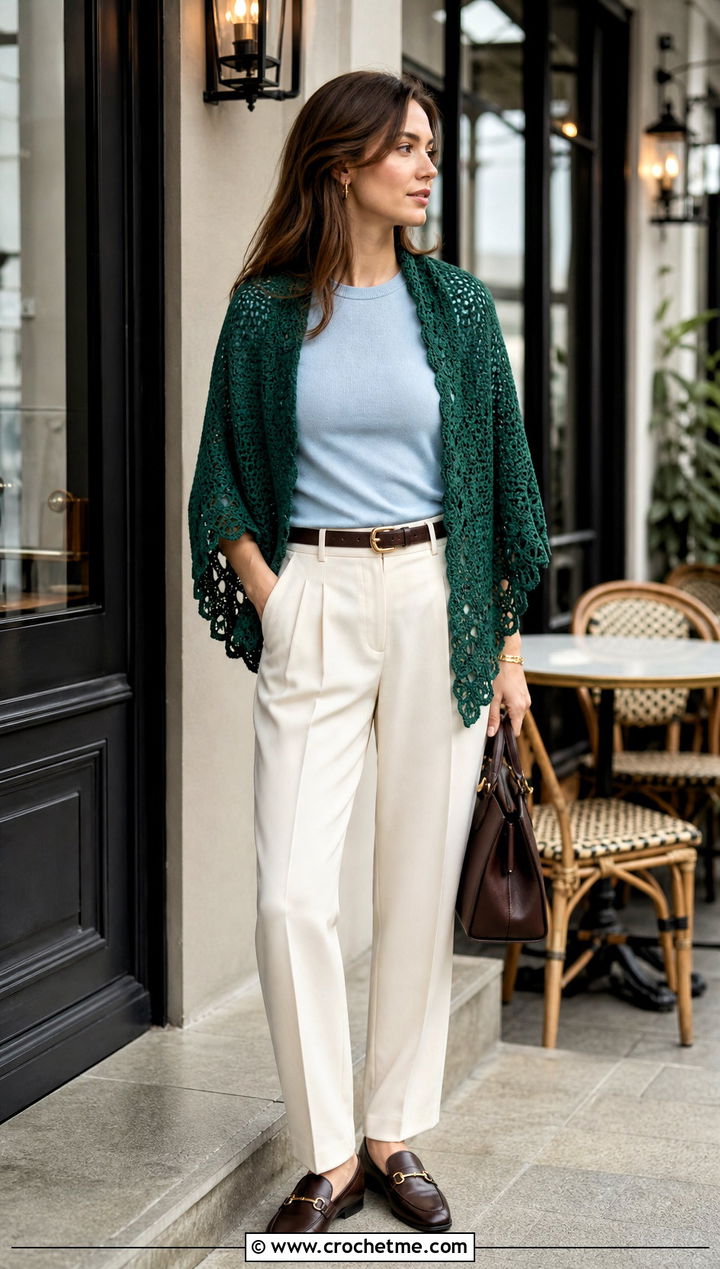 Picot Edge Half Circle Crochet Shawl With Pleated Trousers - 15 Half Circle Crochet Shawl outfit ideas