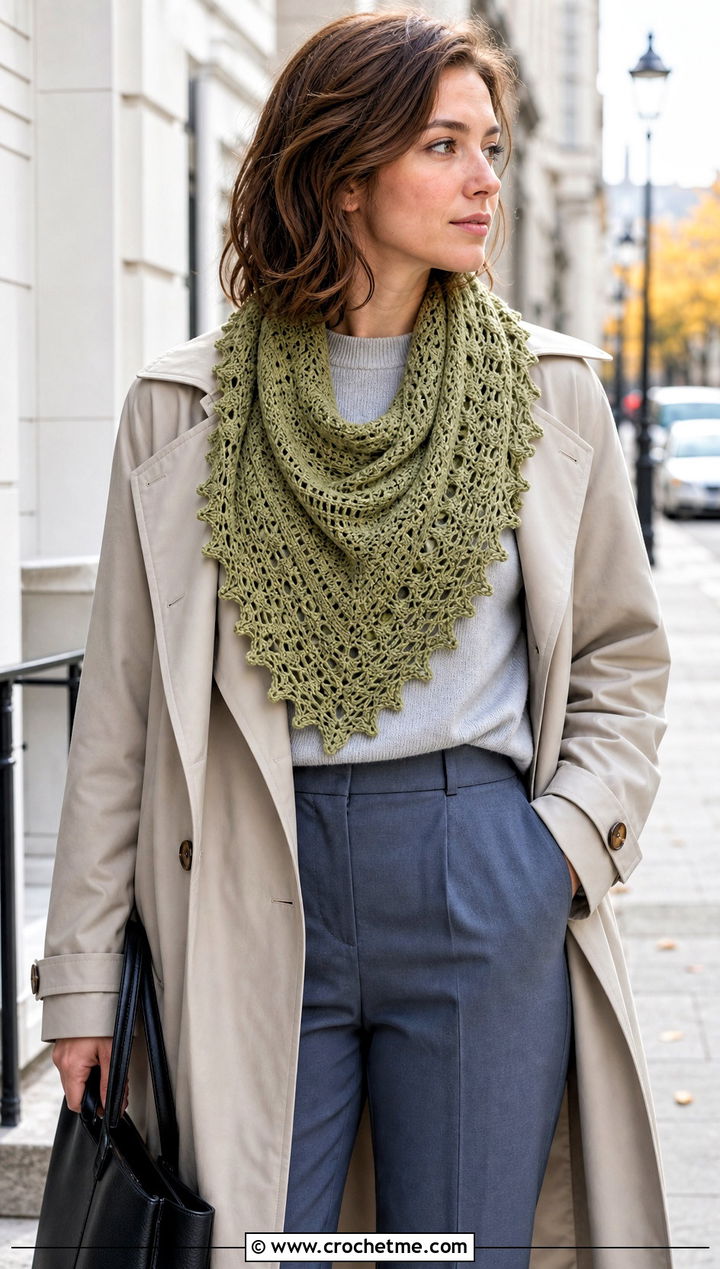 Picot Edge Half Moon Crochet Shawl With Trench Coat And Trousers - 25 Half Moon Crochet Shawl outfit ideas