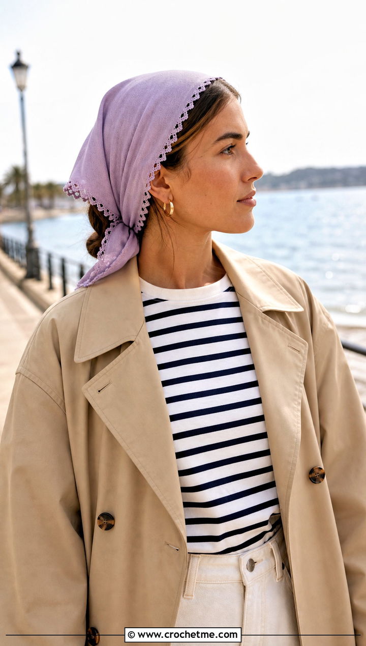 Picot Edge Head Scarf With Breton Shirt - 30 crochet head wrap outfit ideas