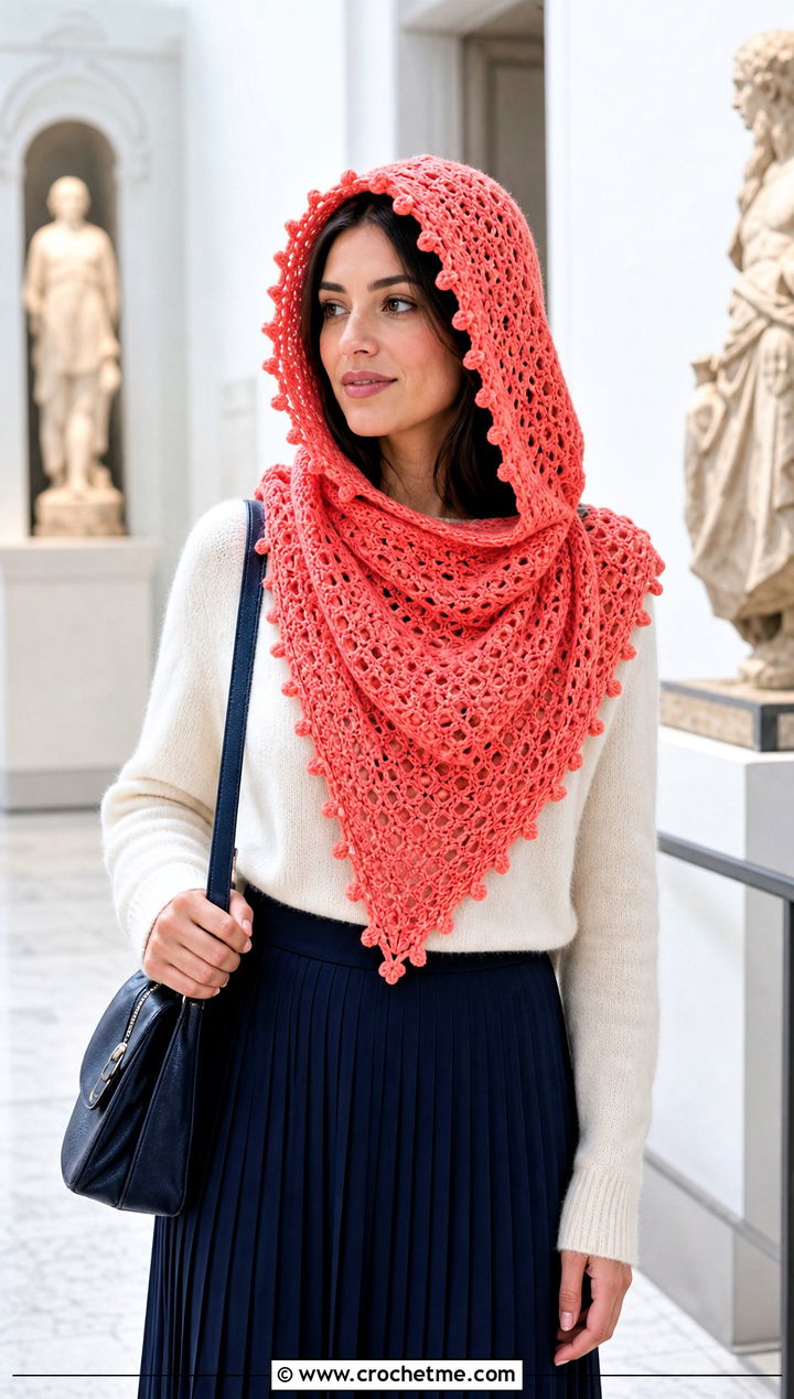 Picot Edge Hooded Triangle Crochet Scarf With Pleated Skirt - 25 Hooded Triangle Crochet Scarf outfit ideas