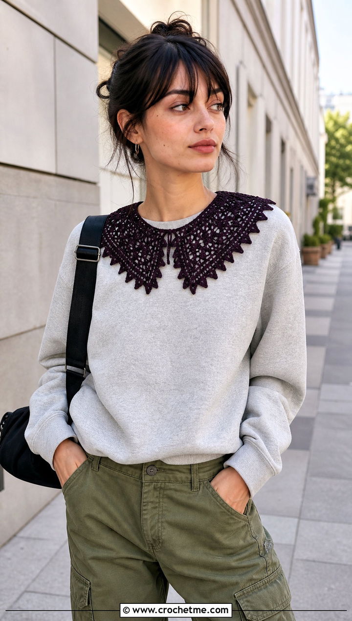 Picot Edge Lace Crochet Collar With Sweatshirt And Cargo Pants - 25 Lace Crochet Collar outfit ideas