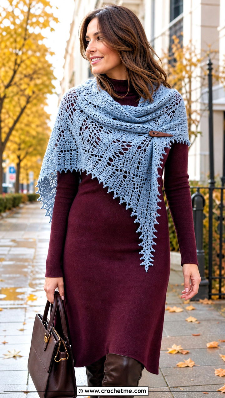 Picot Edge Lace Crochet Shawl With Sweater Dress - 25 Lace Crochet Shawl outfit ideas