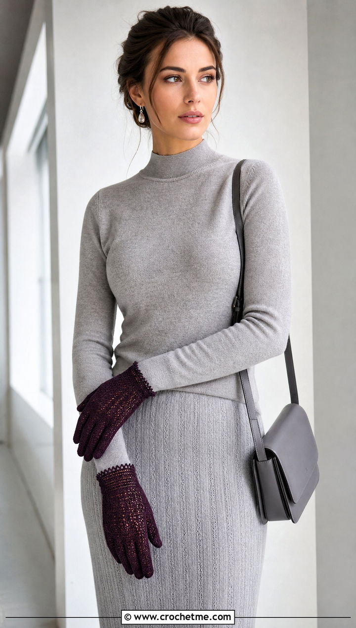 Picot Edge Lace Gloves With Knit Skirt Set - 25 lace crochet gloves outfit ideas