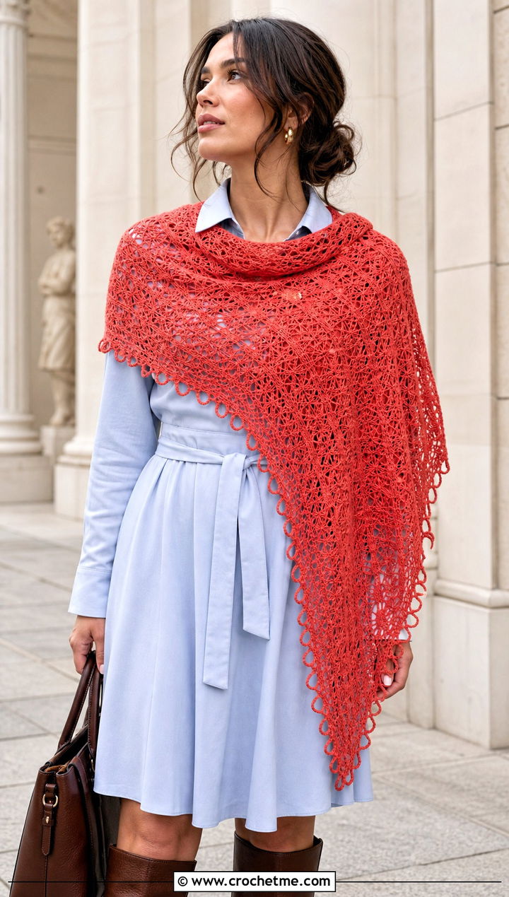 Picot Edge Lace Triangle Shawl With A Shirt Dress - 20 Crochet Lace Triangle Shawl outfit ideas