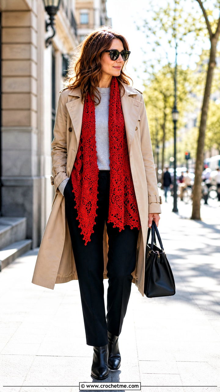 Picot Edge Lacy Crochet Shawl With Trench Coat - 35 lacy crochet shawl outfit ideas