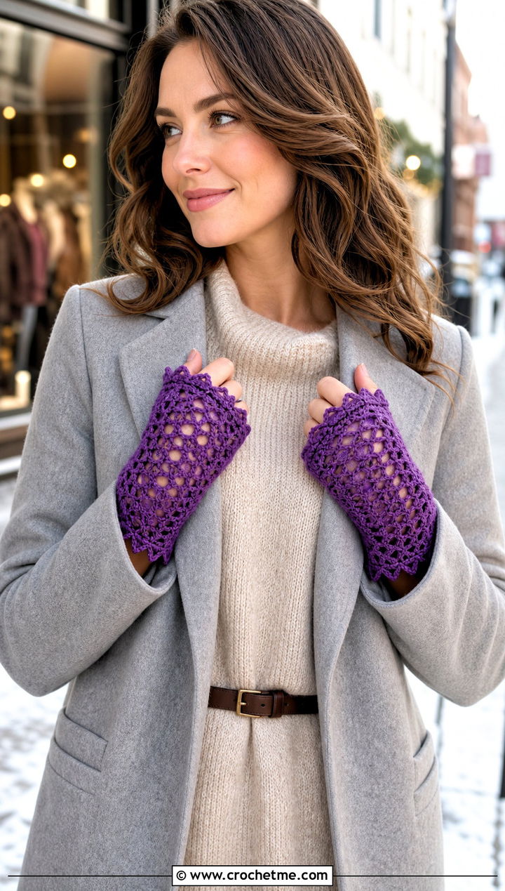 Picot Edge Lacy Fingerless Gloves With Sweater Dress - 15 Crochet Lacy Fingerless Gloves outfit ideas