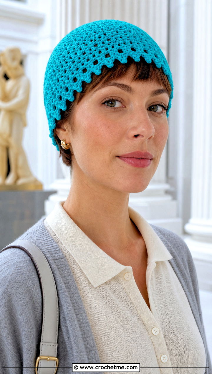 Picot Edge Lightweight Crochet Beanie With Pleated Trousers - 15 Lightweight Crochet Beanie outfit ideas