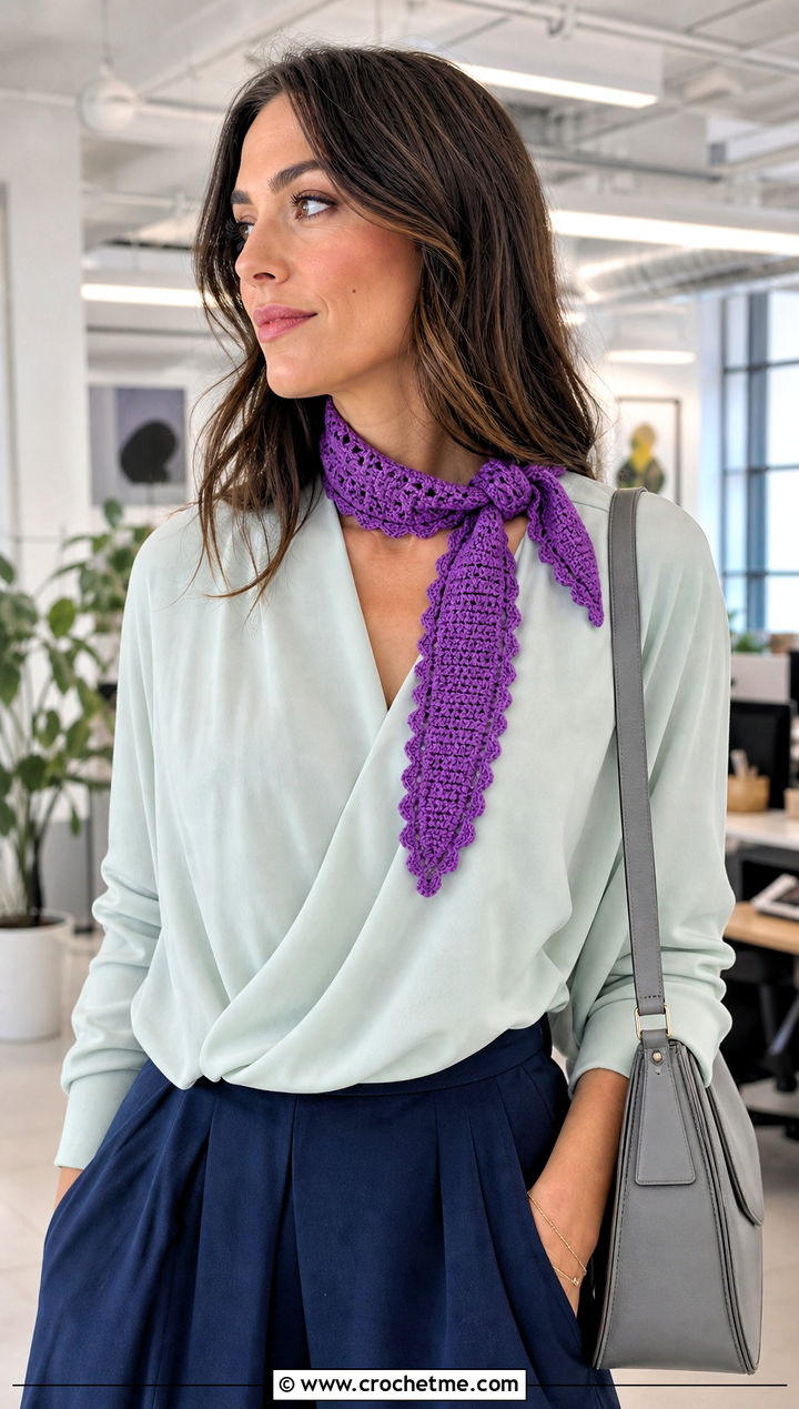 Picot Edge Narrow Crochet Scarf With Blouse And Culottes - 25 Narrow Crochet Scarf outfit ideas