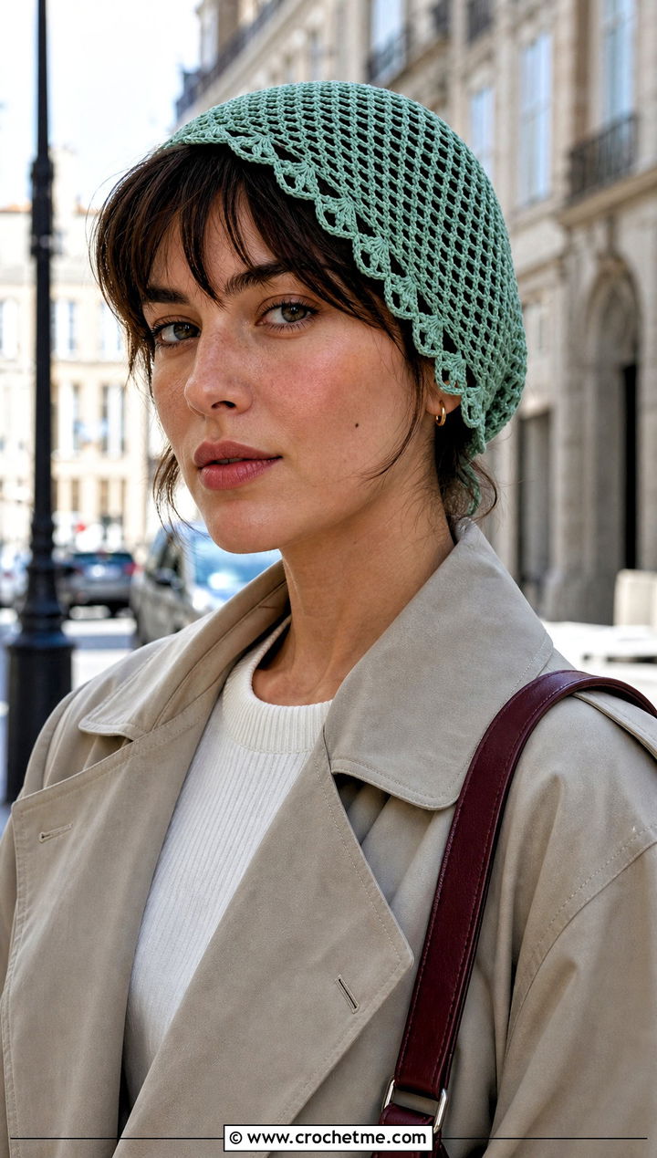 Picot Edge Net Cap With Trench Coat - 25 crochet net hat outfit ideas