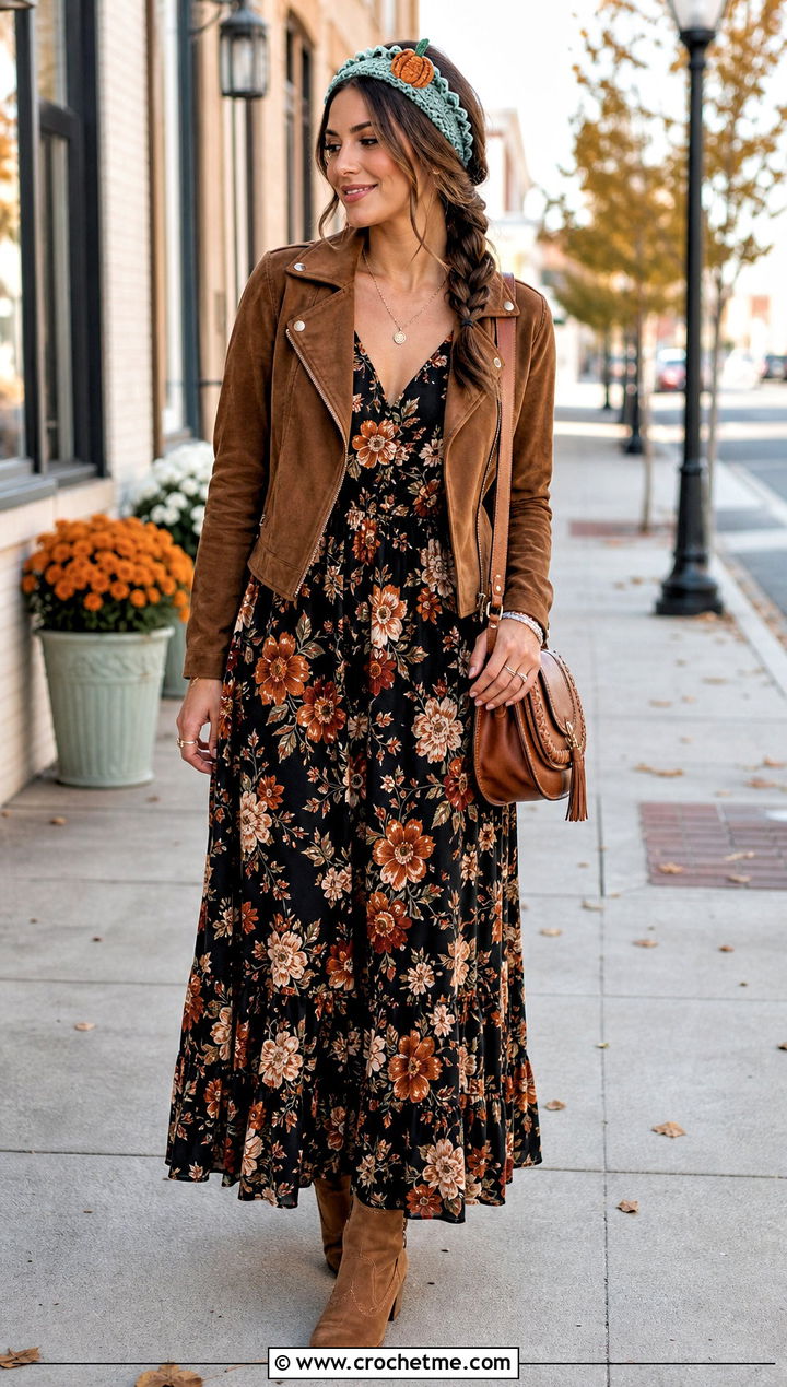 Picot Edge Pumpkin Headband With Floral Maxi Dress - 35 crochet pumpkin headband outfit ideas