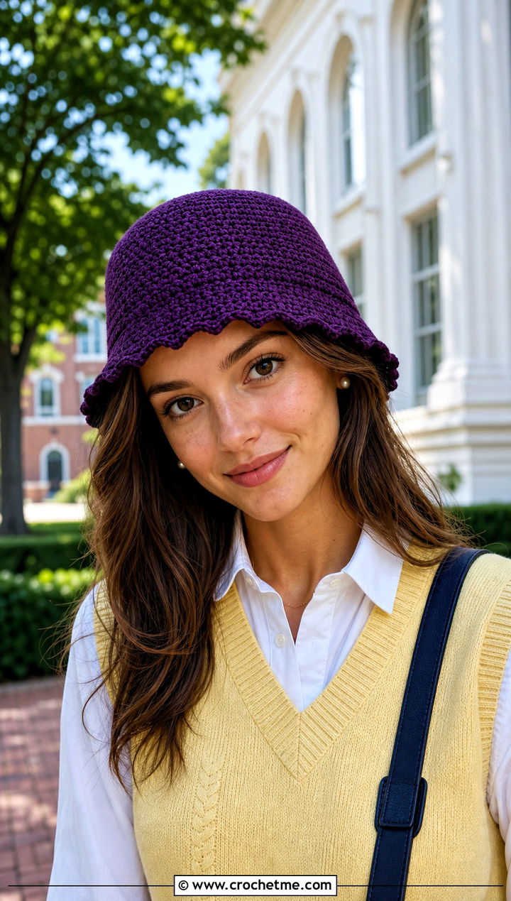 Picot Edge Purple Crochet Bucket Hat With Preppy Knit Outfit - 30 purple crochet bucket hat outfit ideas
