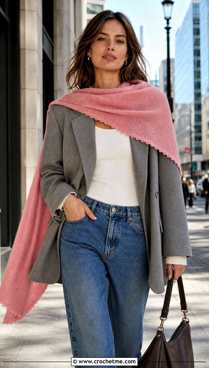 Picot Edge Shell Shawl With Blazer And Jeans - 20 Crochet Shell Shawl outfit ideas