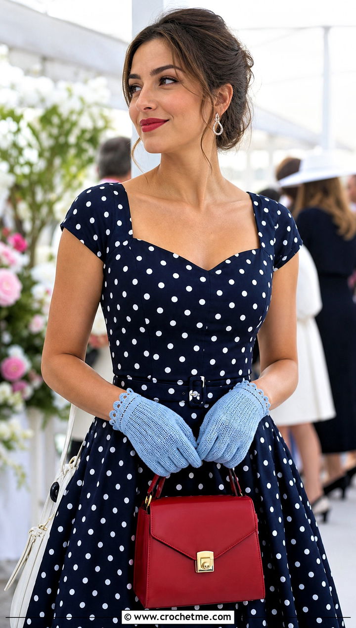 Picot Edge Shortie Gloves With A Polka Dot Dress - 25 Vintage Crochet Gloves outfit ideas