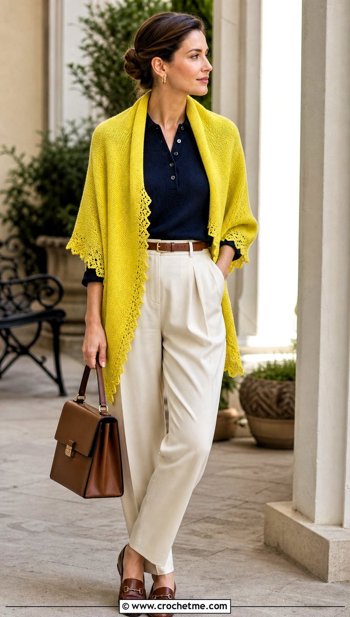 Picot Edge Shoulder Shawl With Knit Polo And Pleated Trousers - 25 Victorian Crochet Shawl outfit ideas