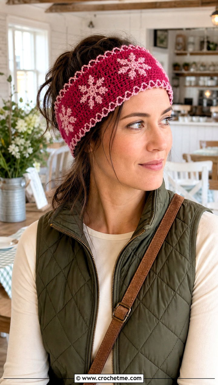 Picot Edge Snowflake Headband With Quilted Vest - 20 Crochet Snowflake Headband outfit ideas