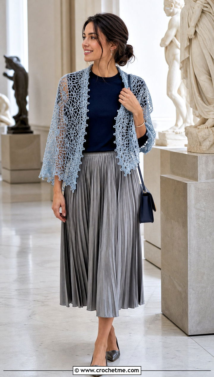 Picot Edge Spiderweb Crochet Shawl With Pleated Skirt - 30 spiderweb crochet shawl outfit ideas