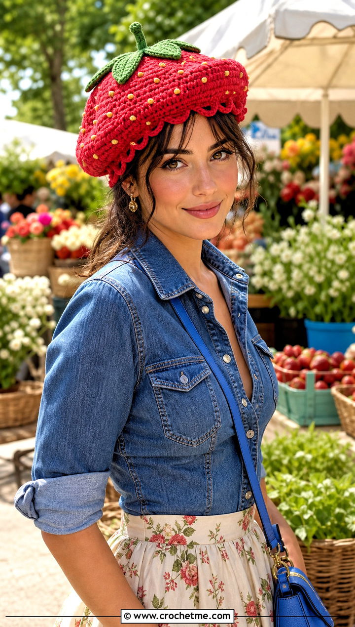 Picot Edge Strawberry Crochet Beret With Prairie Skirt - 25 strawberry crochet beret outfit ideas