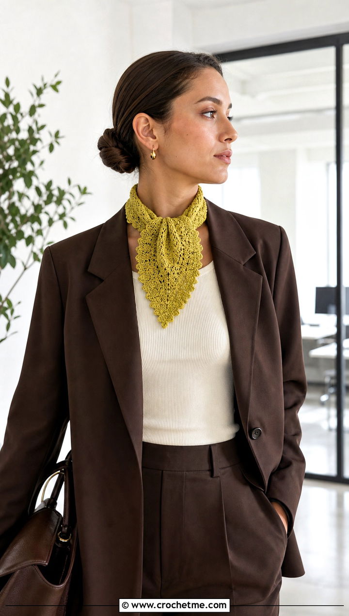 Picot Edge Triangle Crochet Scarf With Monochrome Suit - 15 One Skein Triangle Crochet Scarf outfit ideas