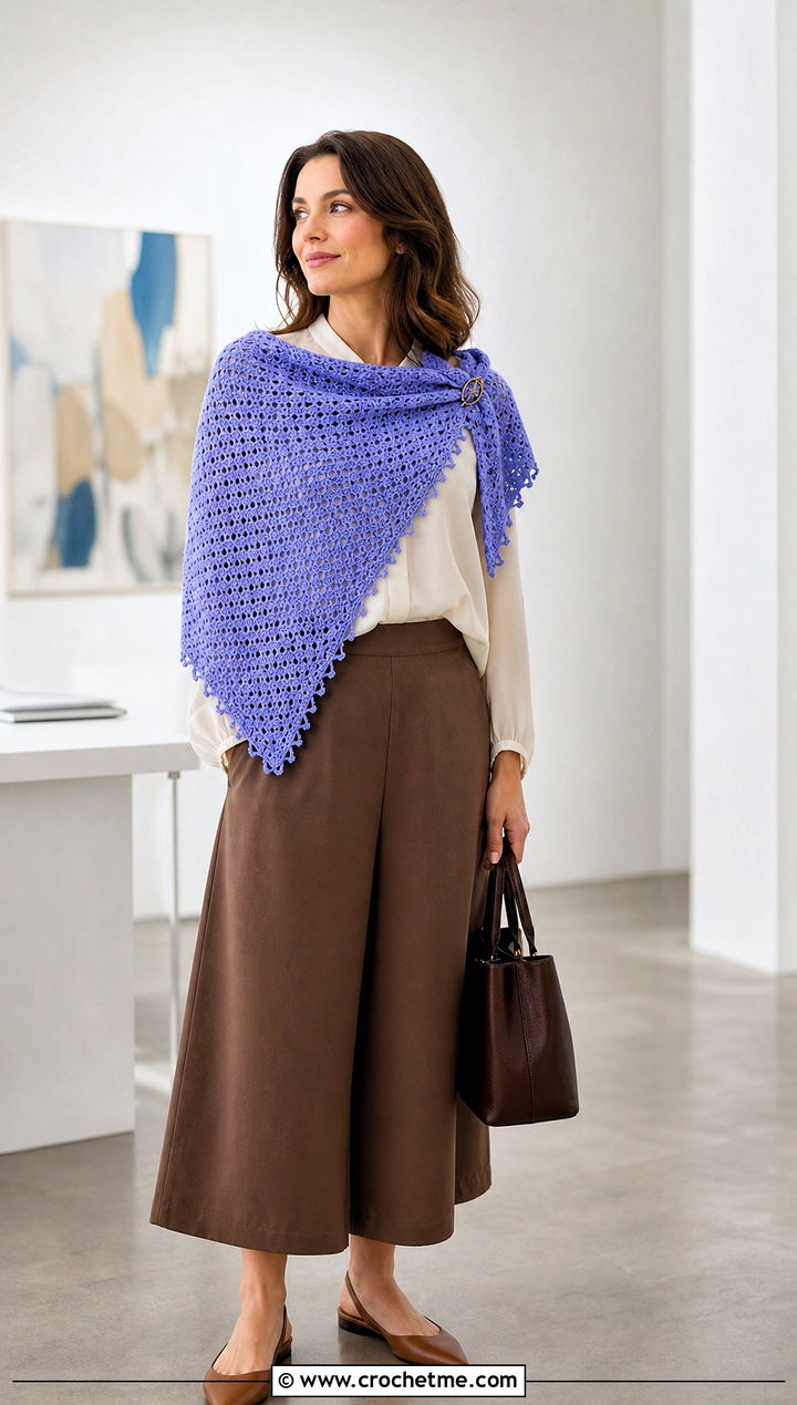 Picot Edge Triangle Crochet Shawl With Blouse And Culottes - 35 triangle crochet shawl outfit ideas