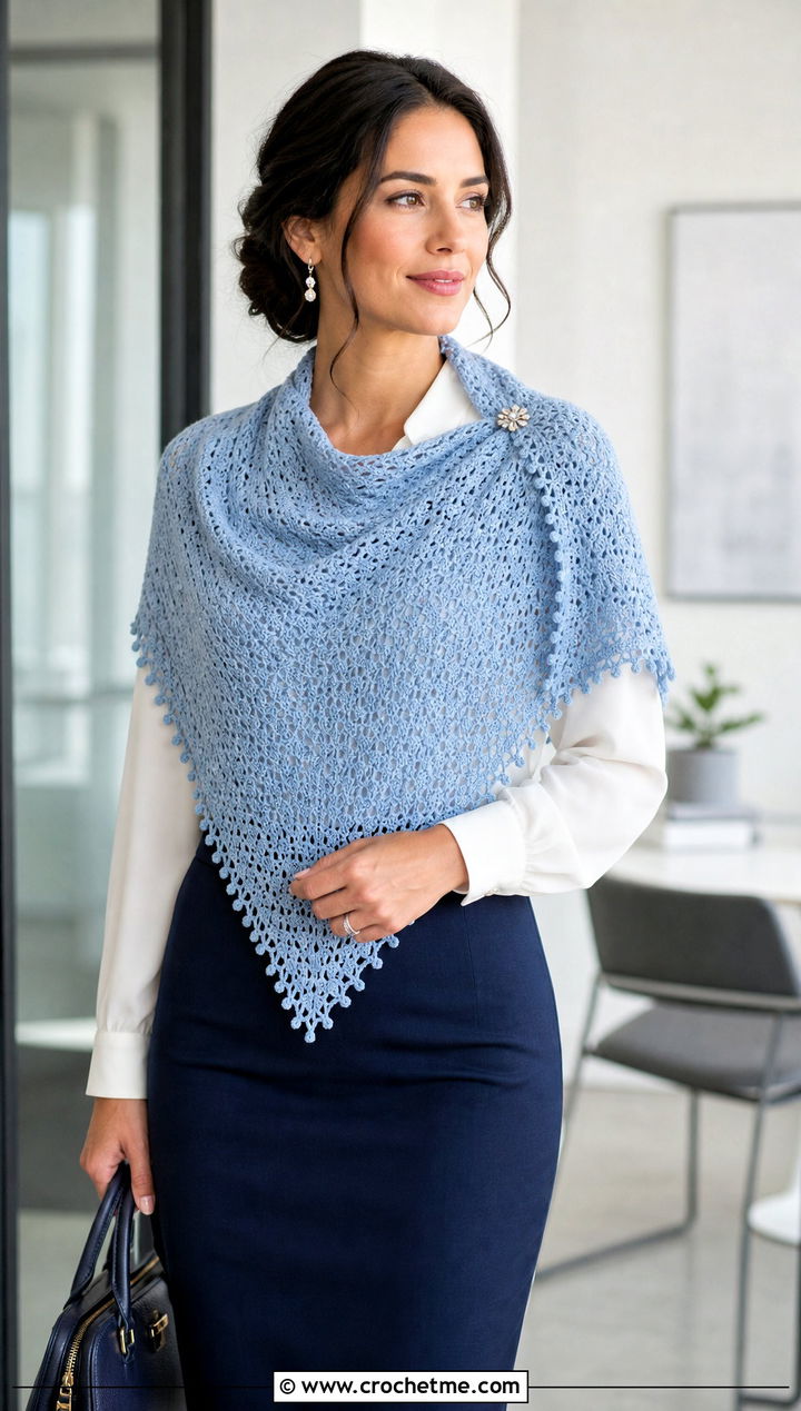 Picot Edge Triangular Crochet Shawl With Pencil Skirt - 25 triangular crochet shawl outfit ideas