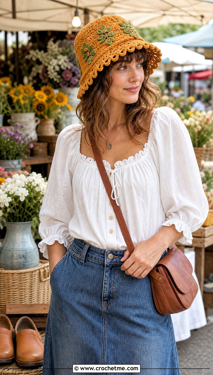 Picot Edge Tulip Bucket Hat With Peasant Blouse And Denim Skirt - 30 crochet tulip hat outfit ideas