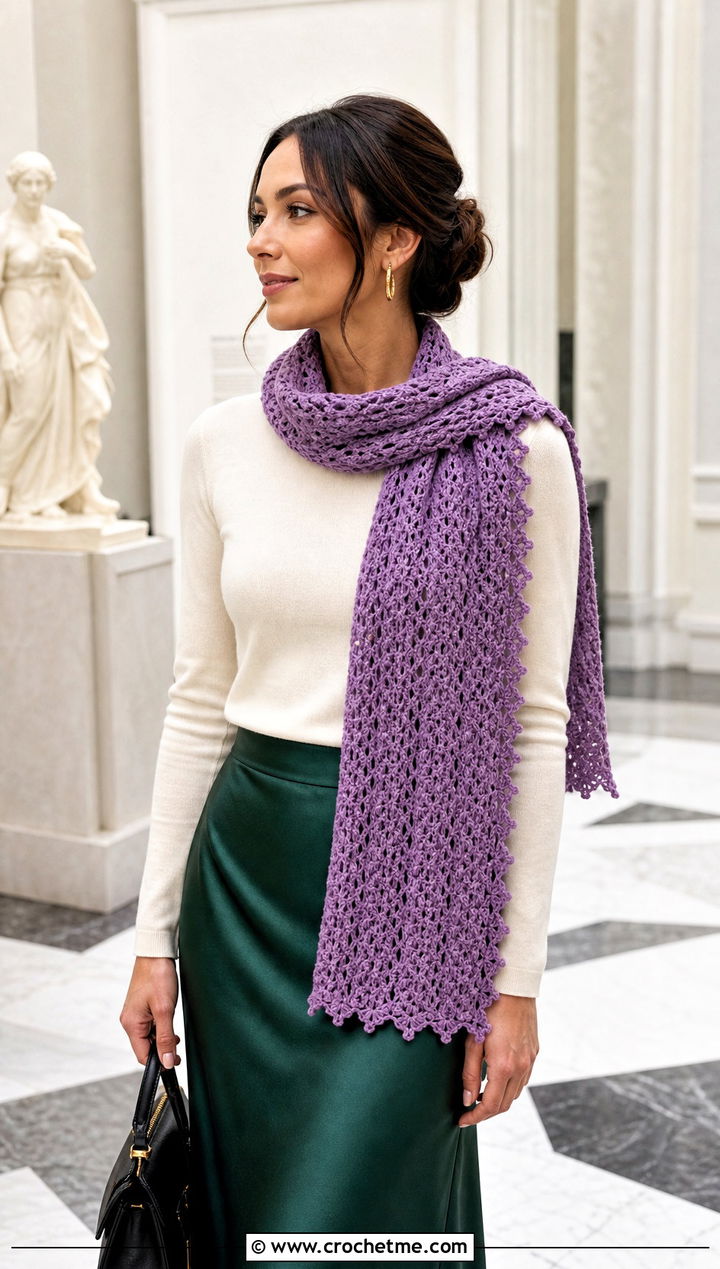Picot Edge V Stitch Crochet Scarf With Midi Skirt - 25 v stitch crochet scarf outfit ideas