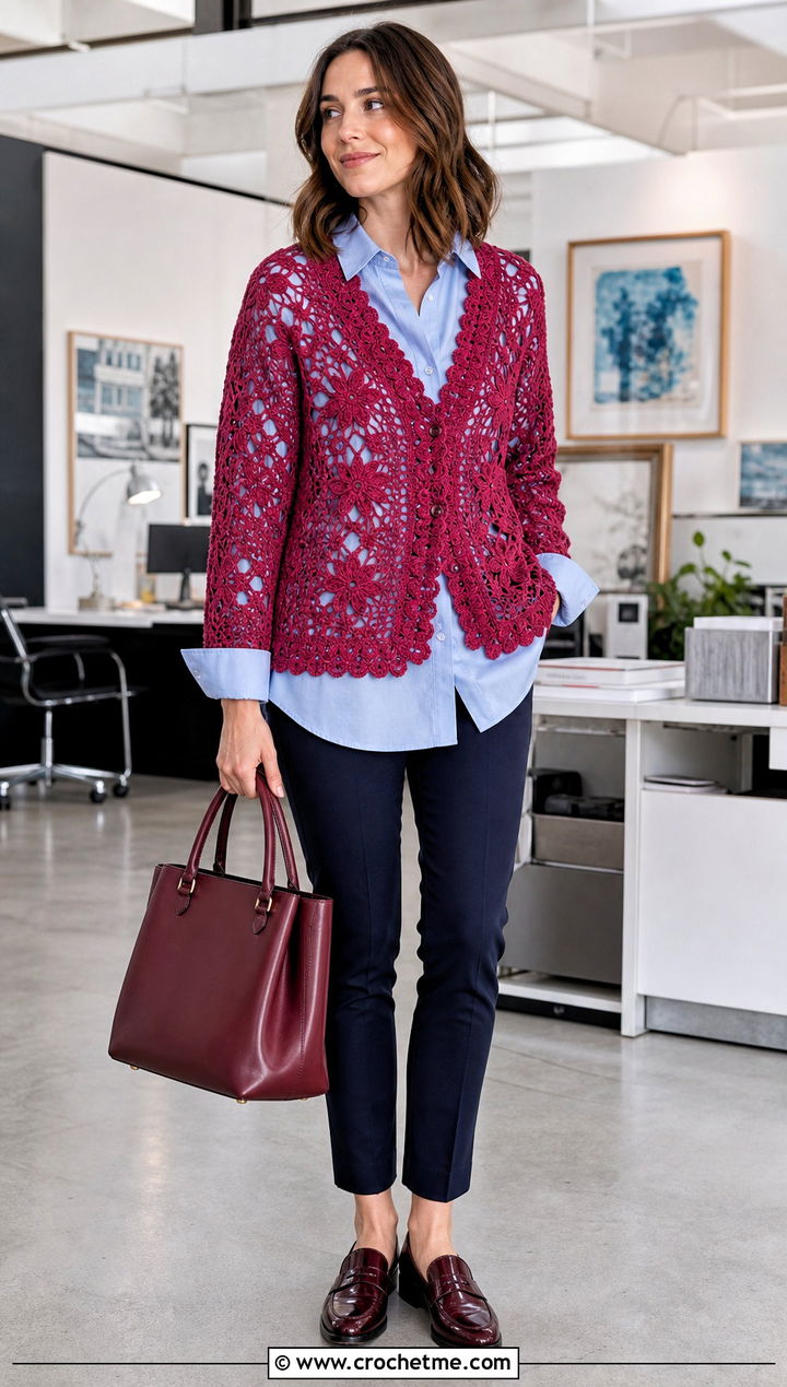 Picot Mesh Irish Crochet Cardigan With Poplin Shirt - 25 Irish Crochet Cardigan outfit ideas