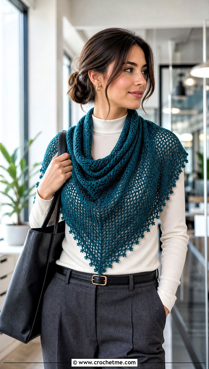 Picot Mesh Triangle Shawl With Tailored Trousers - 30 Crochet Mesh Triangle Shawl outfit ideas