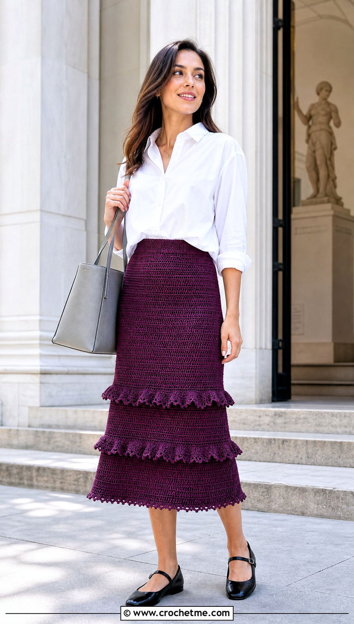 Picot Ruffle Crochet Midi Skirt With Poplin Shirt - 35 crochet skirt with ruffles outfit ideas