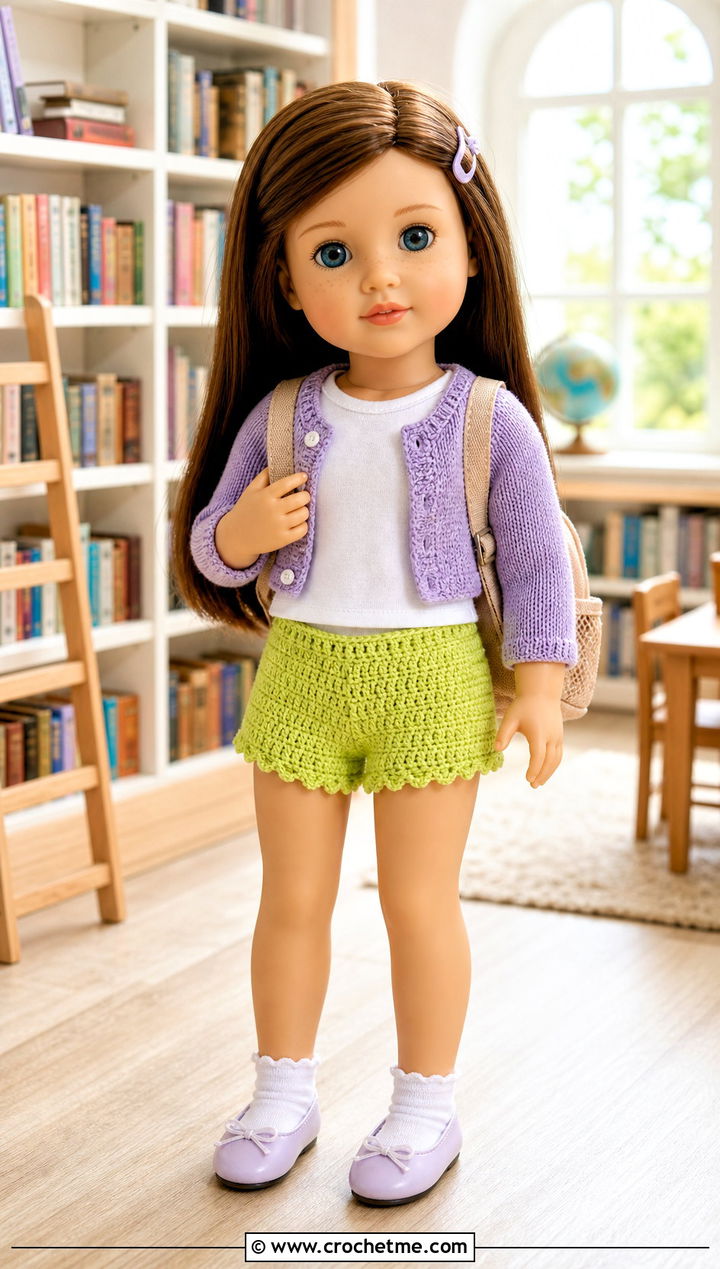 Picot Trim Crochet Doll Shorts With Cardigan - 30 crochet doll shorts outfit ideas