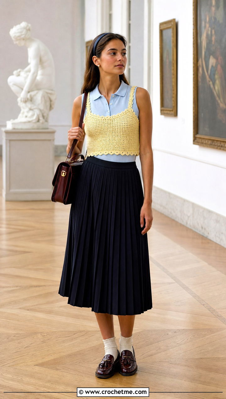 Picot Trim Crochet Half Top With Pleated Skirt - 30 Crochet Long Sleeve Half Top outfit ideas