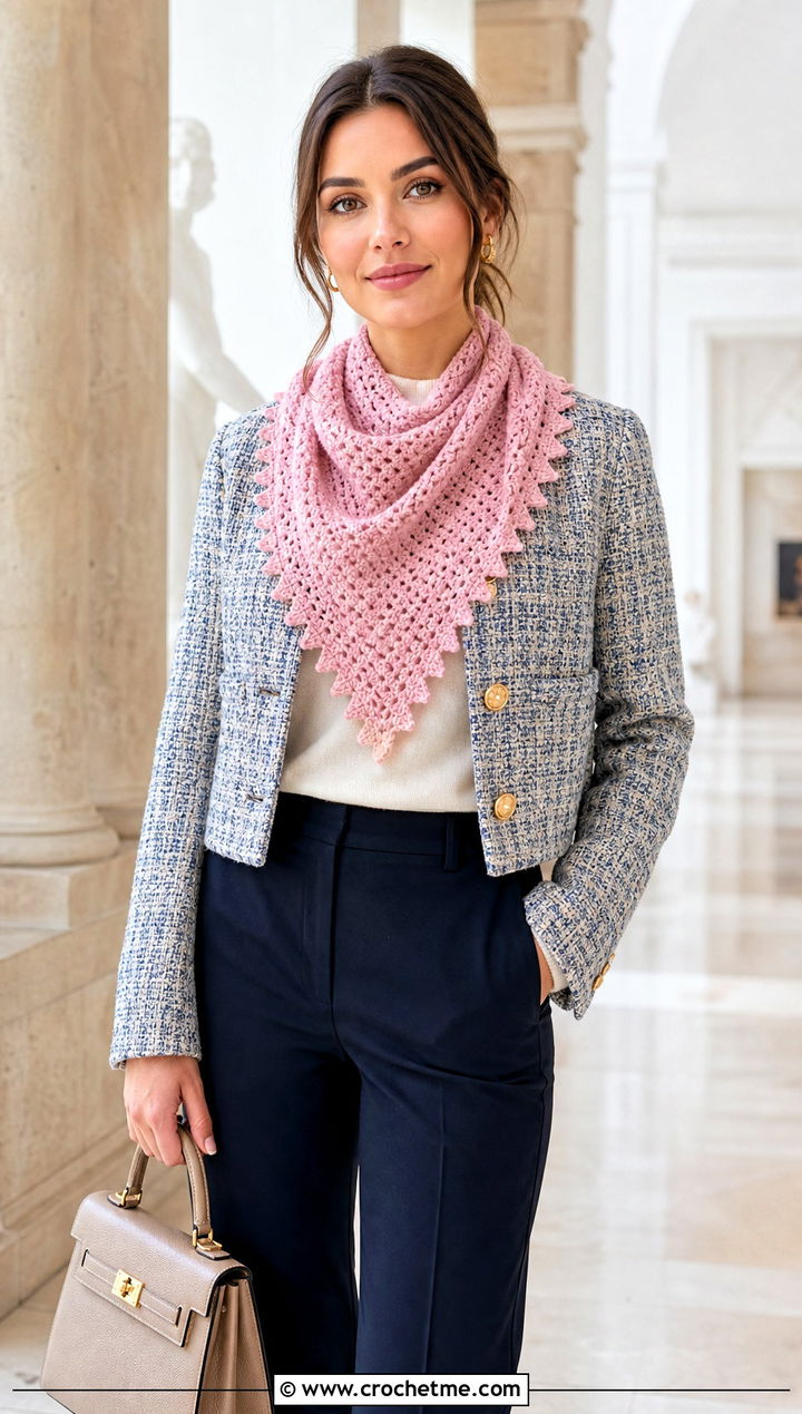 Picot Trim Crochet Sally Scarf With Tweed Jacket - 20 Crochet Sally Scarf outfit ideas