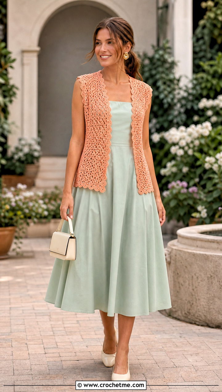 Picot Trim Crochet Sleeveless Vest With Tea Length Dress - 35 crochet sleeveless vest outfit ideas