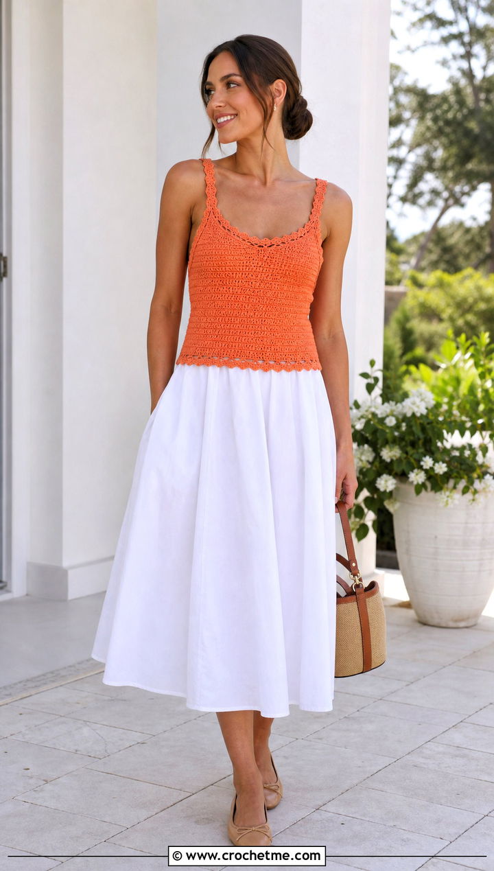 Picot Trim Crochet Summer Tank Top With Poplin Skirt - 35 crochet summer tank top outfit ideas