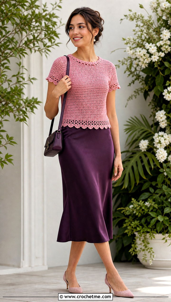 Picot Trim Crochet Top With Bias Cut Skirt - 30 crochet short sleeve top outfit ideas
