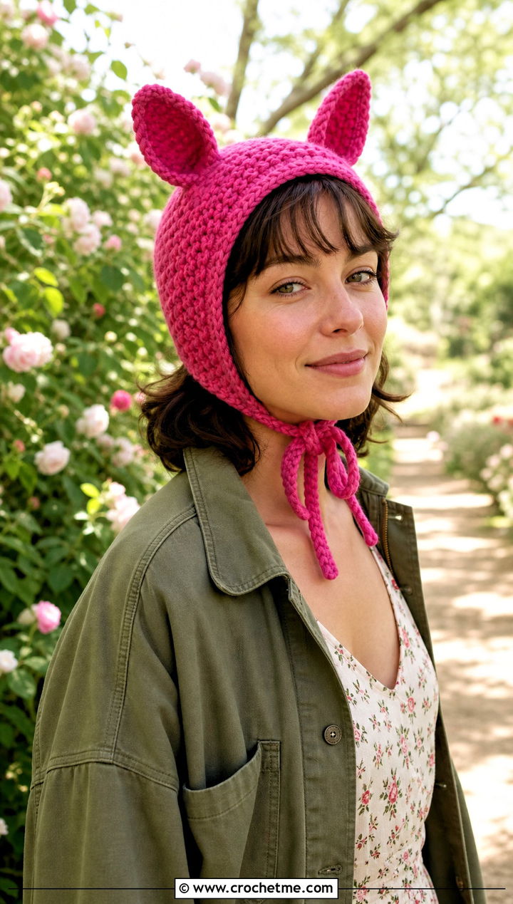 Piglet Crochet Bonnet With Floral Midi Dress - 30 disney crochet hat outfit ideas