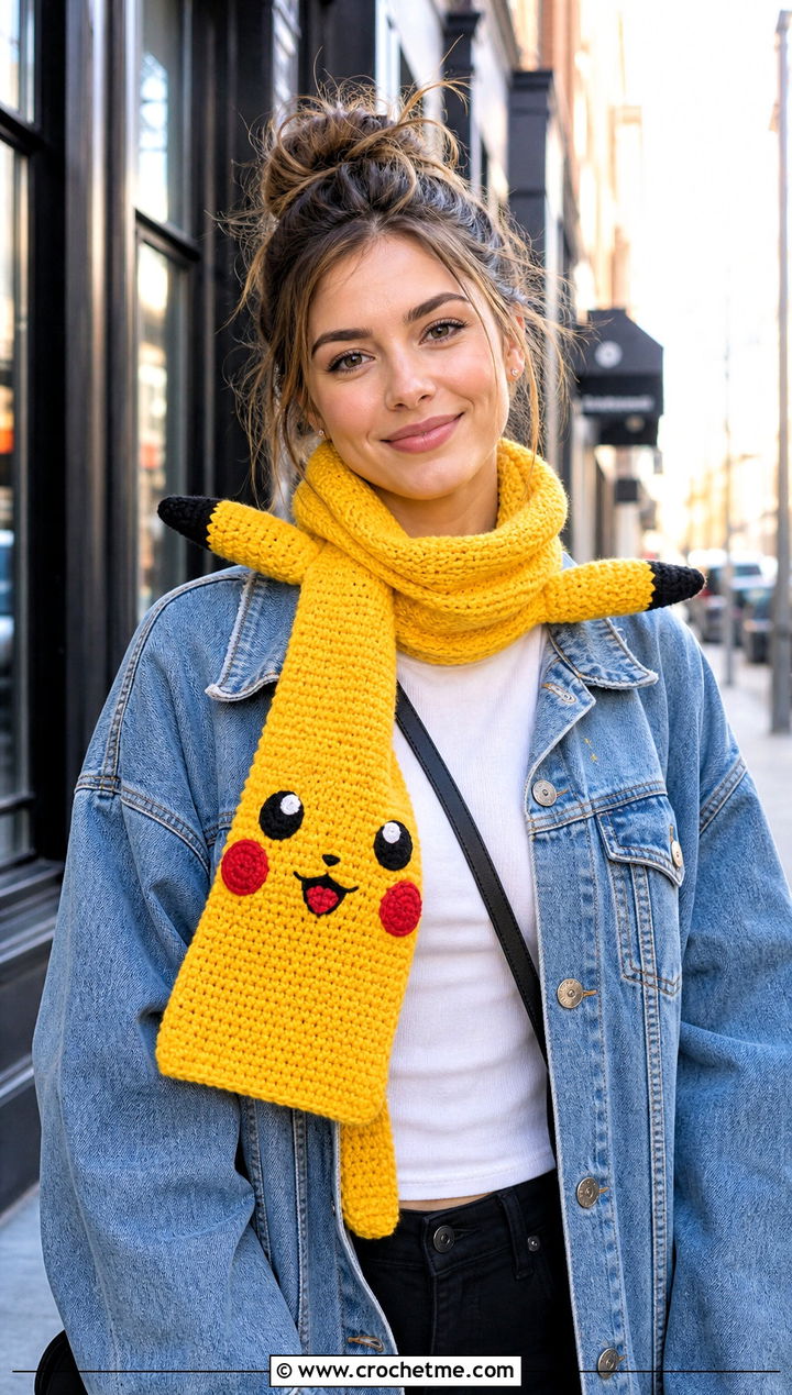 Pikachu Character Scarf With Denim Jacket - 25 Crochet Pokemon Scarf outfit ideas