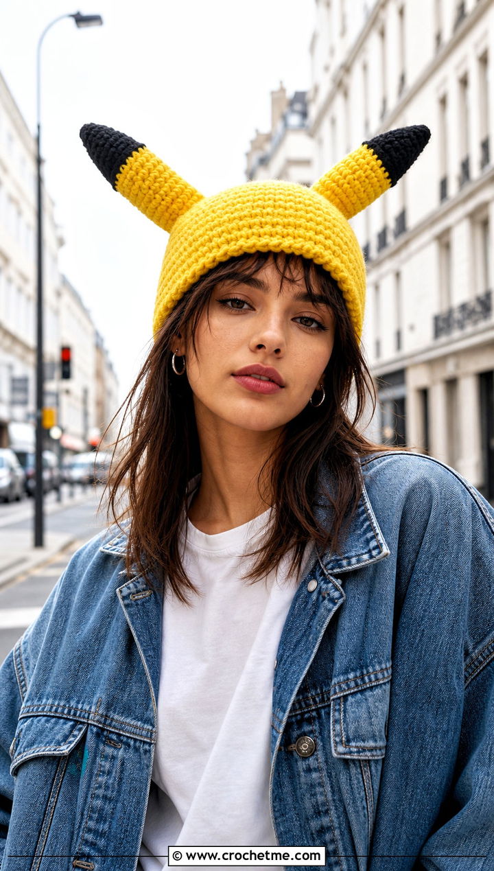 Pikachu Ear Beanie With Denim Jacket - 30 crochet pokemon beanie outfit ideas