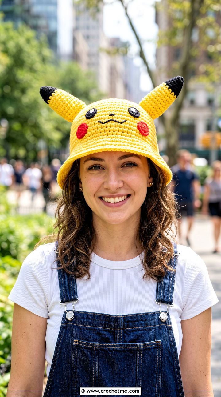 Pikachu Ear Crochet Pokemon Bucket Hat With Denim Overalls - 15 Crochet Pokemon Bucket Hat outfit ideas