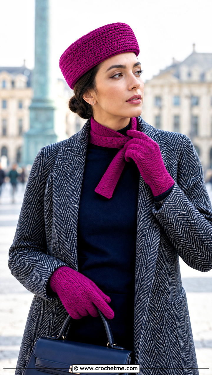 Pillbox Crochet Hat Skinny Scarf And Gloves With Pencil Skirt - 25 crochet hat scarf gloves set outfit ideas