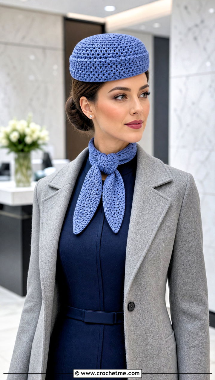 Pillbox Hat And Ascot Scarf With Office Dress - 30 crochet hat and scarf outfit ideas