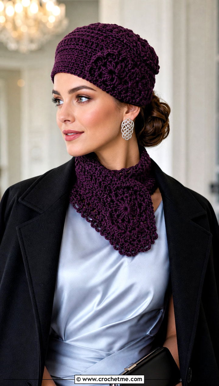 Pillbox Hat And Scarflette Set With Evening Dress - 25 Crochet Scarf And Hat Set outfit ideas