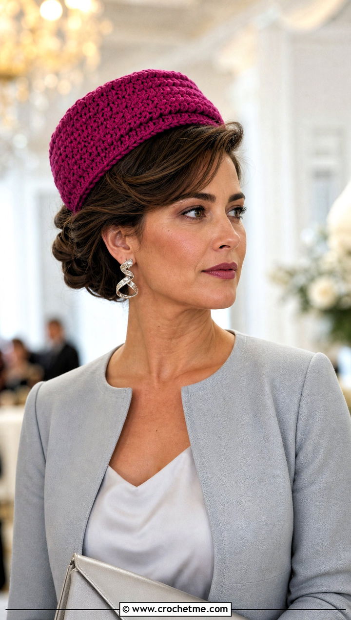 Pillbox Knit Look Crochet Hat With Skirt Suit - 20 Crochet Knit Look Hat outfit ideas