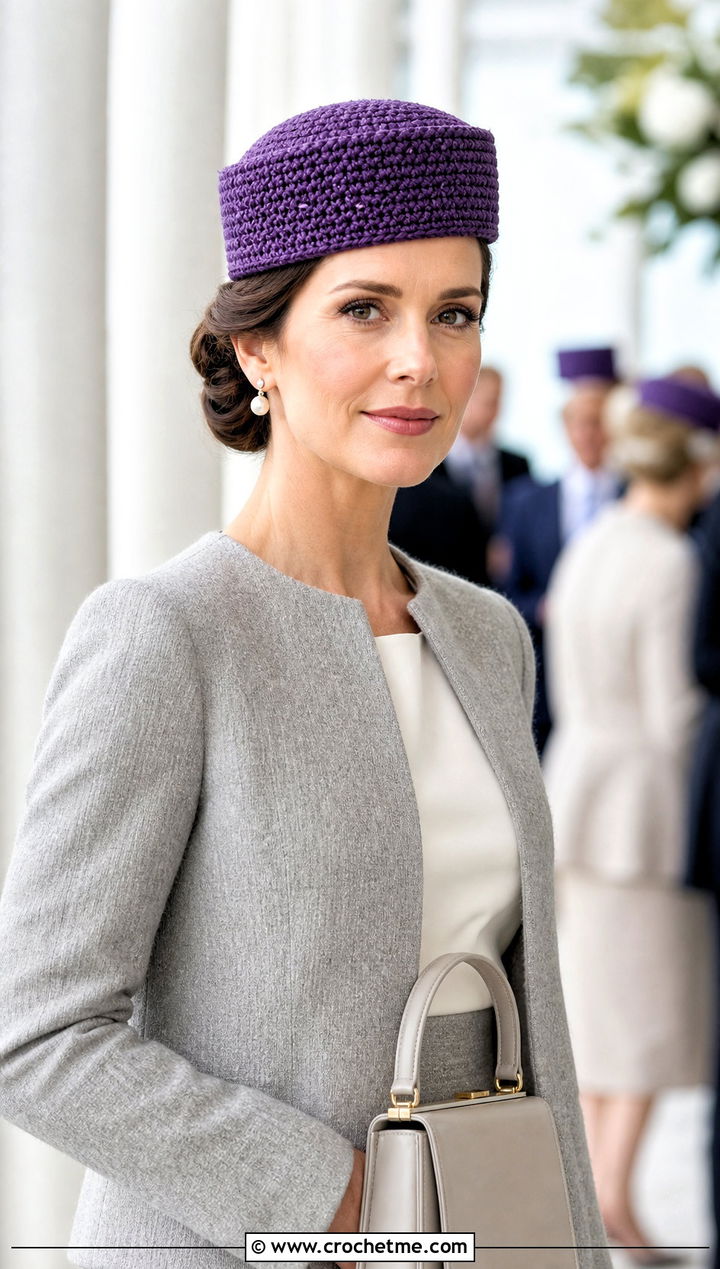 Pillbox Knit Look Crochet Hat With Skirt Suit - 25 Knit Look Crochet Hat outfit ideas